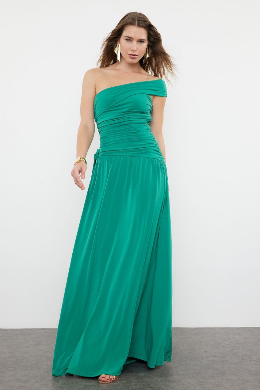 Trendyol Emerald Green Fitted Knitted Long Evening Dress