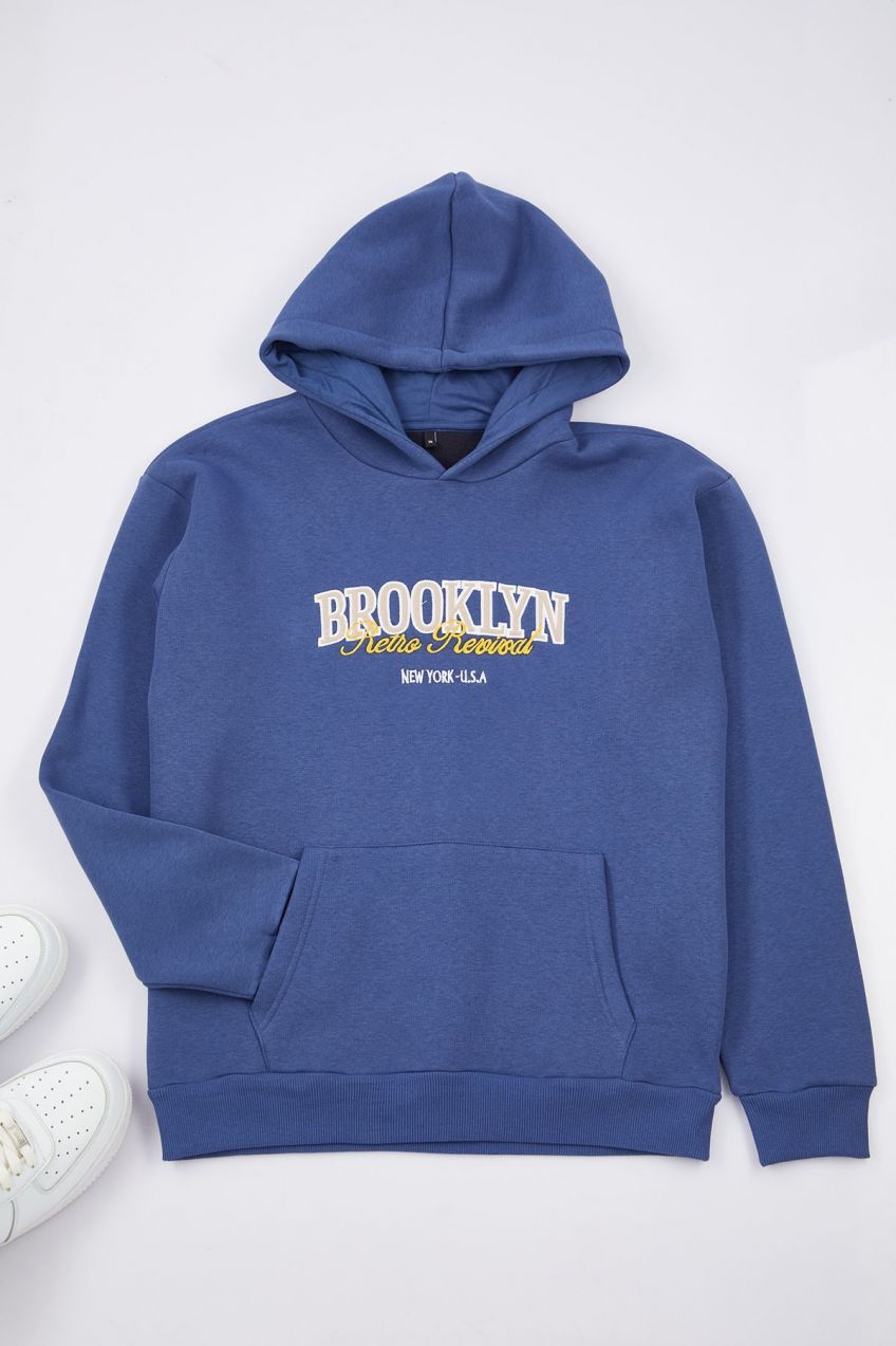Trendyol Indigo Unisex Oversize/Wide Cut Hooded City Printed Inside Raised Sweatshirt