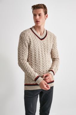Trendyol Ecru Regular V Neck Hair Knitted Sweater