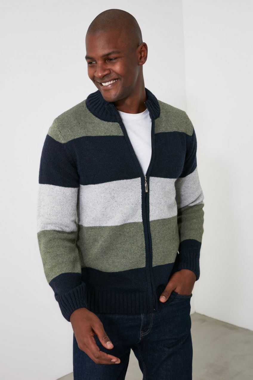 Trendyol Khaki FL Men's Slim Half Turtleneck Color Block Knitwear Cardigan
