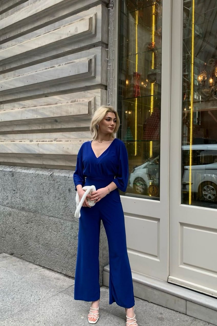 Trend Alaçatı Stili Women's Saxony-Length, Double-breasted Collar Wide Leg, Belted Woven Jumpsuit