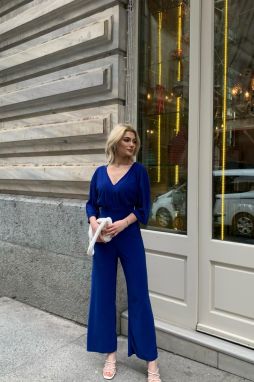 Trend Alaçatı Stili Women's Saxony-Length, Double-breasted Collar Wide Leg, Belted Woven Jumpsuit