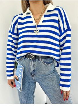 51782 Dewberry Polo Neck Striped Long Sleeve Sweater-SAKS