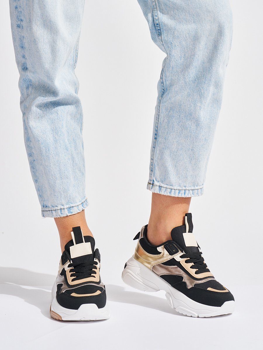 Shelvt Black and gold sneakers with a thick sole