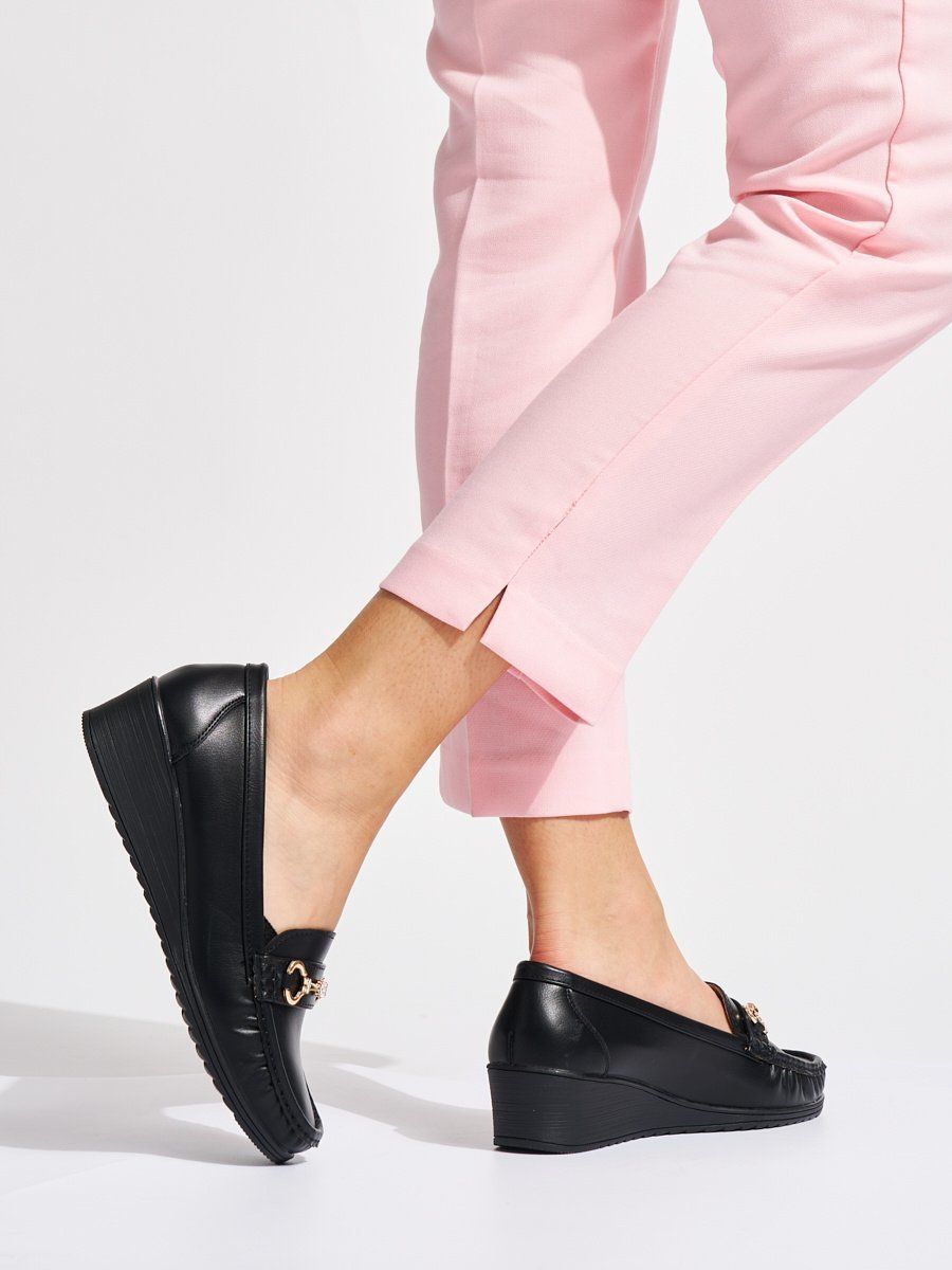 Shelvt Black women's wedge loafers with gold decoration