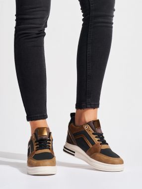 Shelvt Women's brown and black sneakers with a hidden wedge