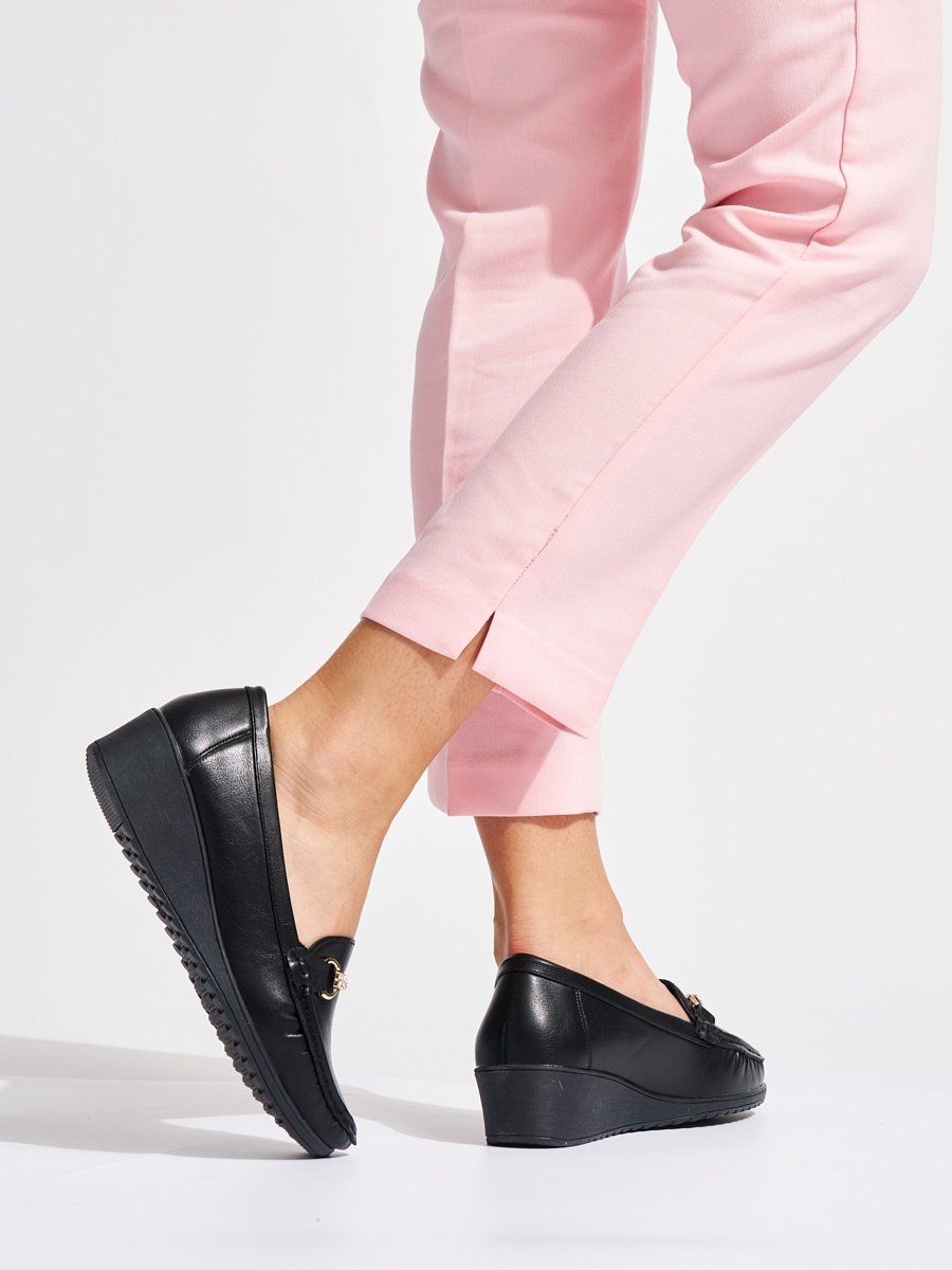 Shelvt Black women's wedge loafers with gold decoration