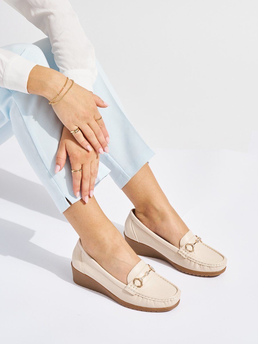 Shelvt Beige women's wedge loafers with gold decoration