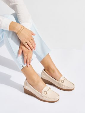 Shelvt Beige women's wedge loafers with gold decoration