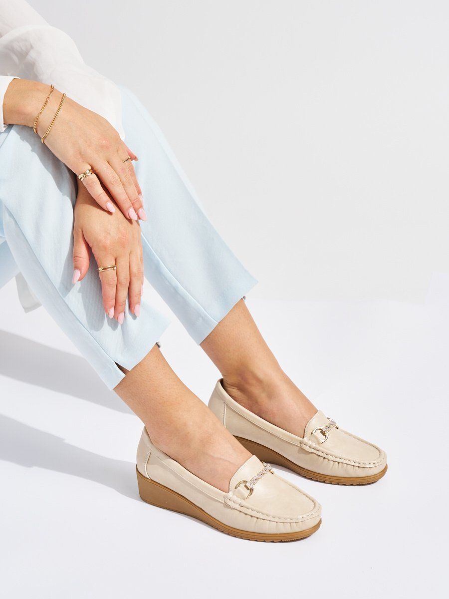 Shelvt Beige women's wedge loafers with gold decoration