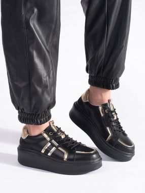 Shelvt Black leather platform sneakers