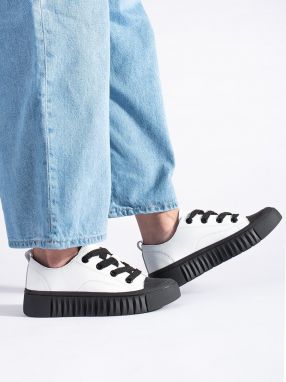 Shelvt White and black low sneakers made of natural leather