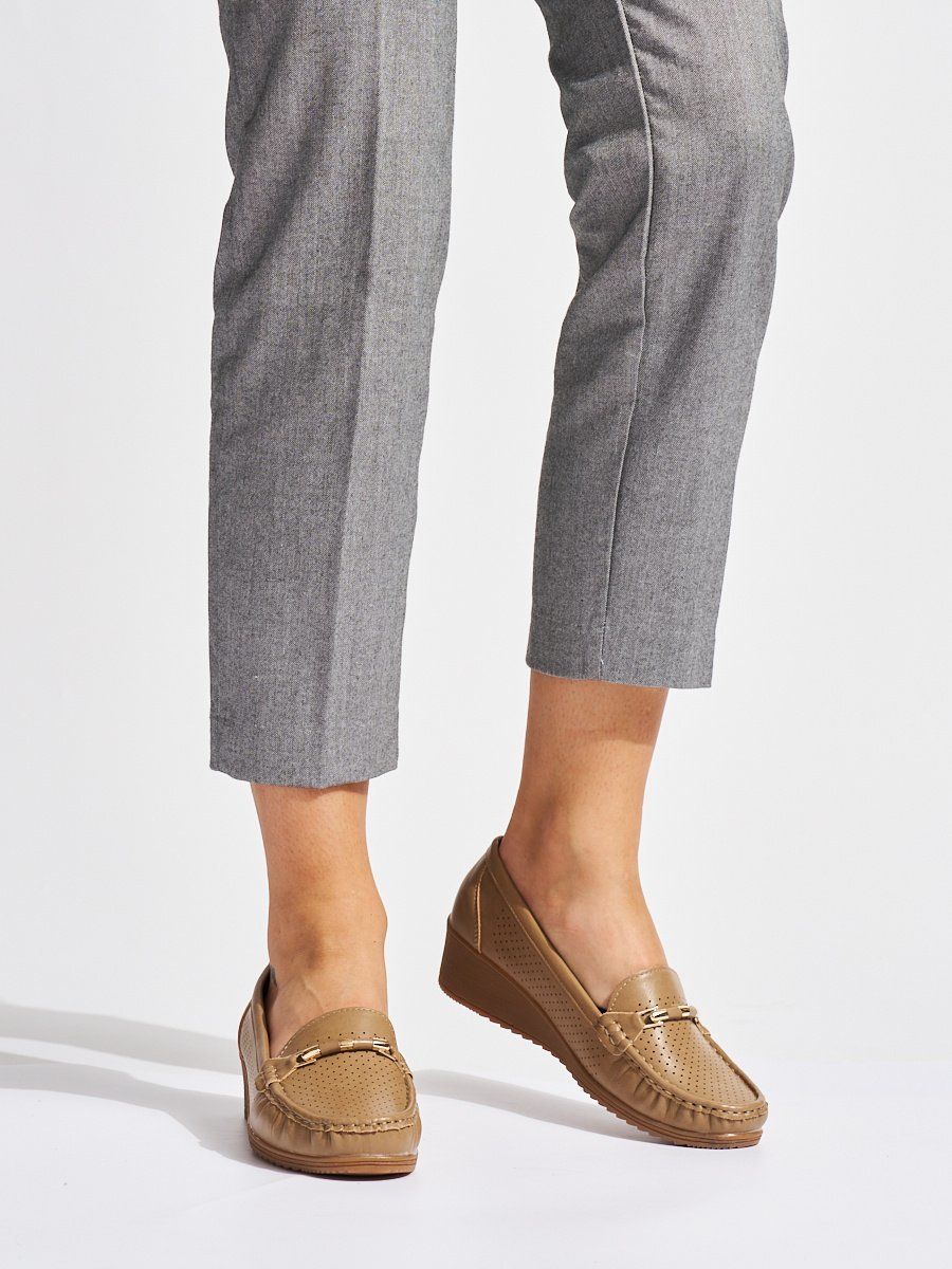 Shelvt Brown openwork loafers on a low wedge