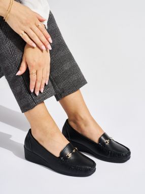 Shelvt Black openwork loafers on a low wedge