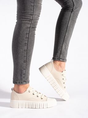 Shelvt Women's Leather Beige Sneakers