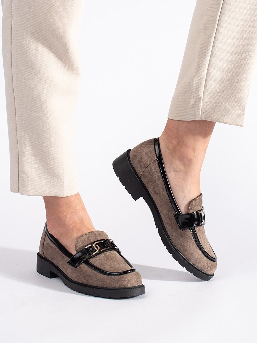 Shelvt Suede dark beige women's loafers with buckle
