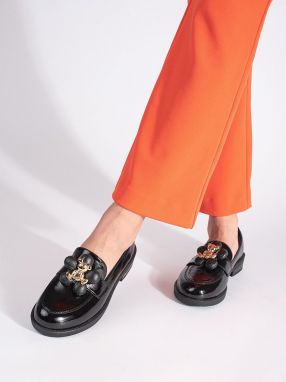 Shelvt Black patent leather women's loafers with teddy bear