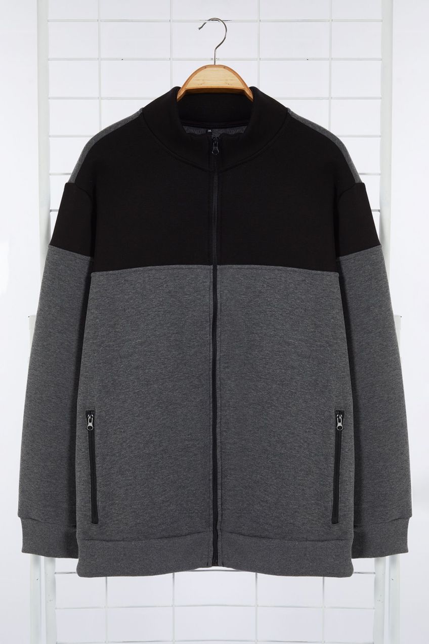 Trendyol Anthracite Regular/Normal Cut Color Block Zippered Plus Size Sweatshirt