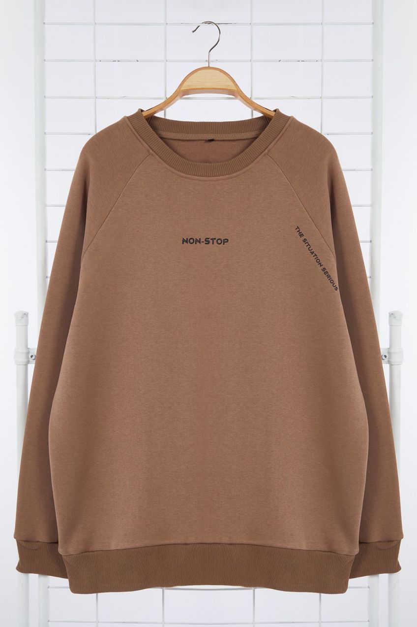 Trendyol Mink Regular/Normal Cut Raglan Sleeve Text Printed Plus Size Sweatshirt