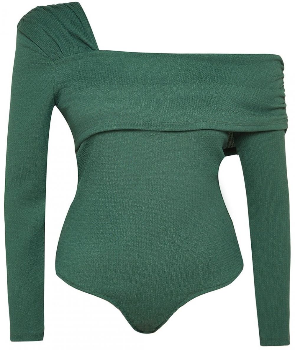 Trendyol Curve Emerald Green Asymmetrical Collar Plain Basic Wrap Knitted Blouse