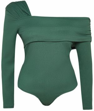 Trendyol Curve Emerald Green Asymmetrical Collar Plain Basic Wrap Knitted Blouse