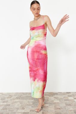 Trendyol Limited Edition Pink Printed Midi Adjustable Strap Stretch Knit Pencil Dress