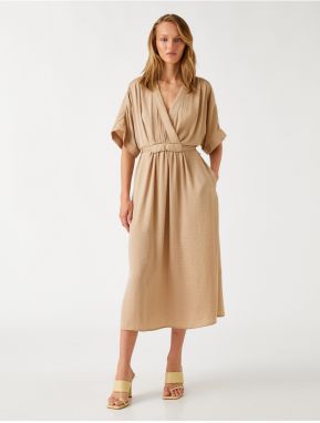 Koton V-Neck Satin-Looking Midi Dress with Pockets