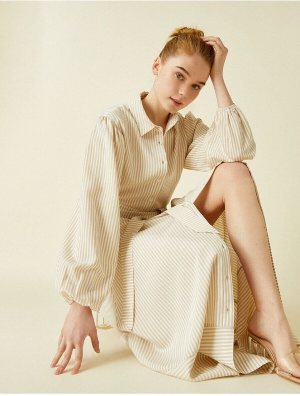 Koton Women's Long Sleeve Dress Striped Shirt Collar Maxi