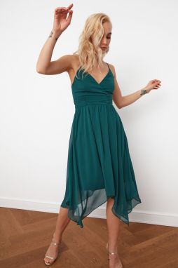 Trendyol Emerald Green With Double Breasted Collar Chiffon Evening Dress