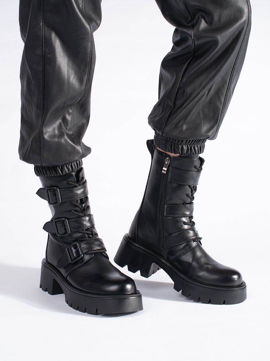 Shelvt Women's high black worker boots with buckles