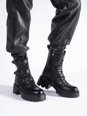 Shelvt Women's high black worker boots with buckles