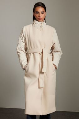 Trendyol Ecru Sleeve Garni Detailed Stand Collar Oversize Wool Coat
