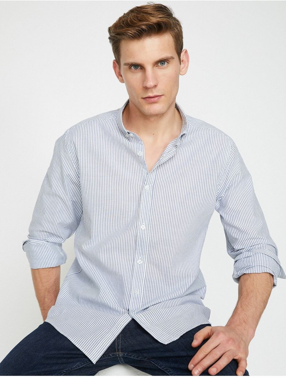 Koton Half-Italian Collar Buttons Striped Long Sleeve Shirt