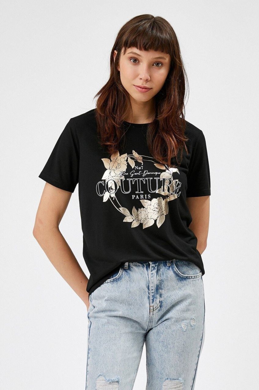 Koton Women's Short Sleeve Letter Printed Black T-Shirt