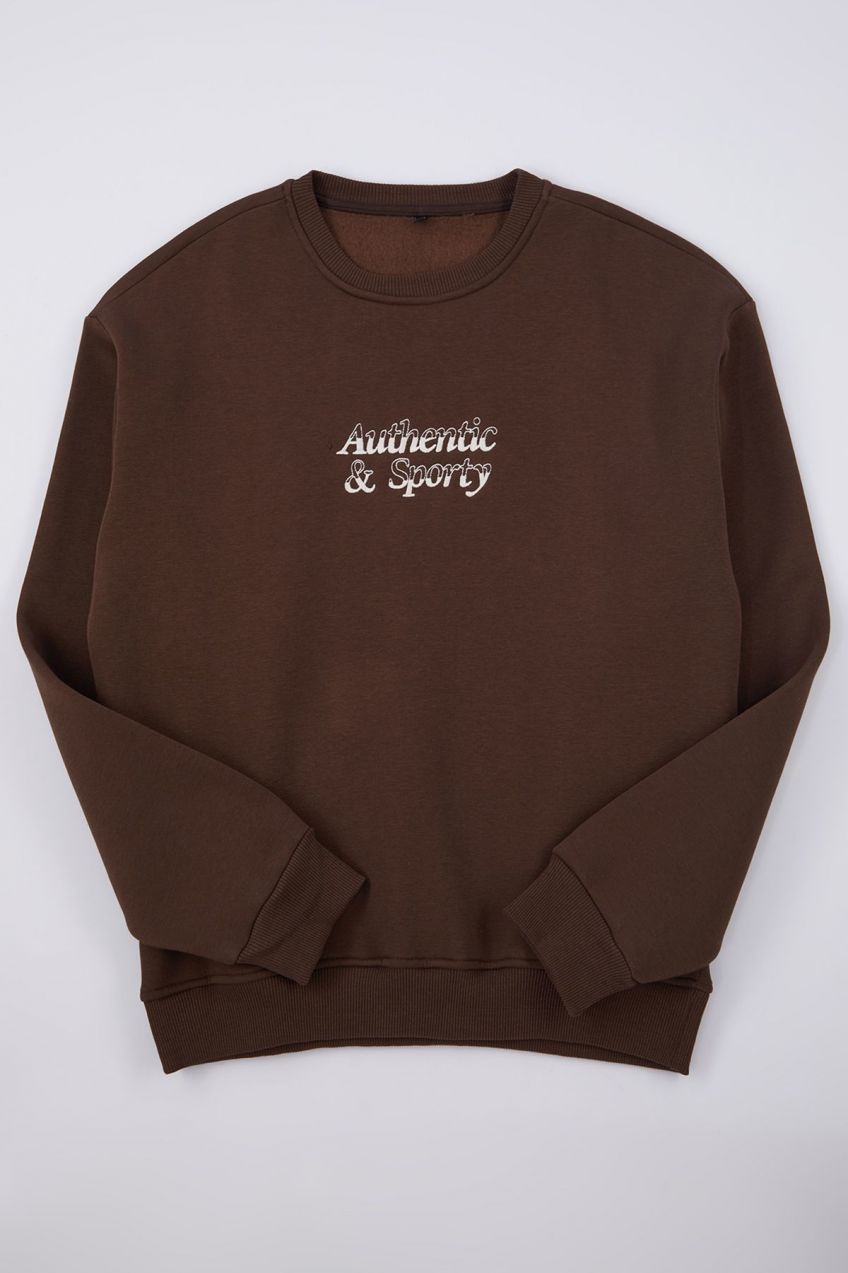 Trendyol Dark Brown Oversize/Wide Cut Embroidered Sweatshirt with Fleece Inside