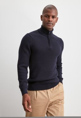 Trendyol Navy Blue Men's Half Turtleneck Zipper Textured Sweater