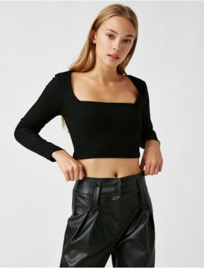 Koton Women's Black Long Sleeve Crop T-Shirt