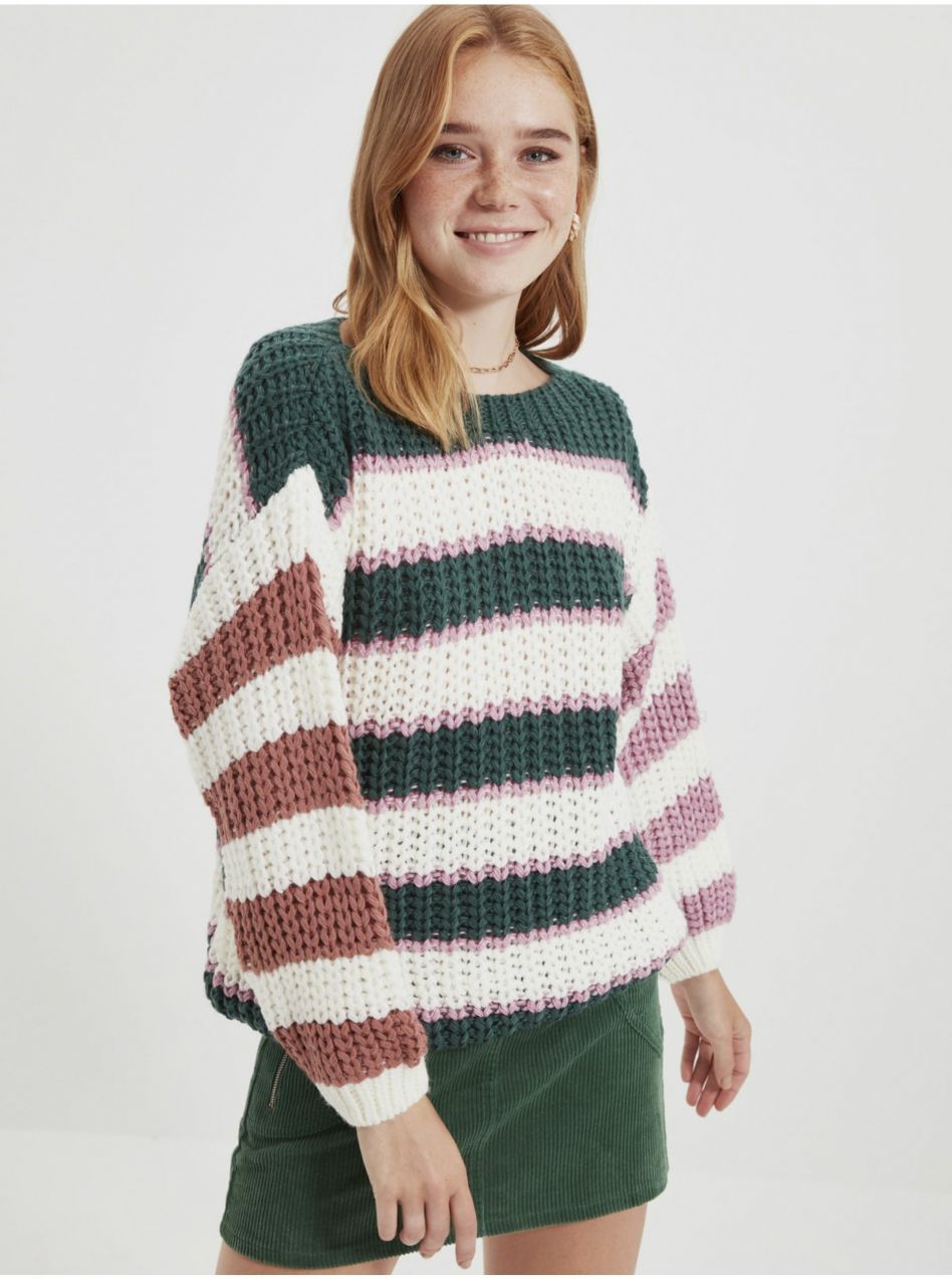 Zeleno-biely dámsky pruhovaný oversized sveter Trendyol