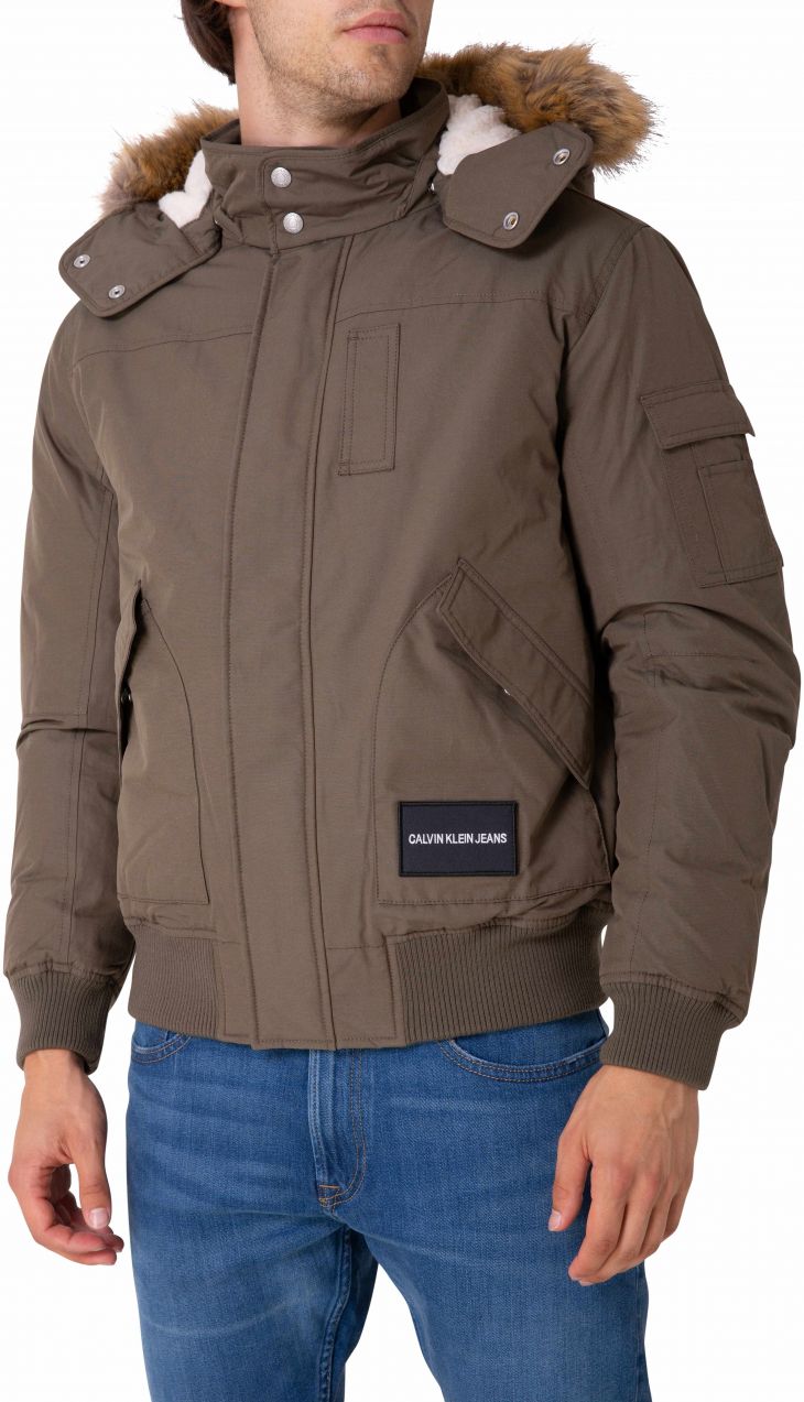 Khaki pánska zimná bunda s umelým kožúškom Calvin Klein Jeans