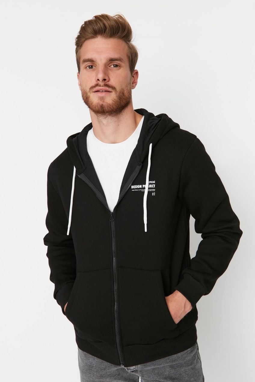 Trendyol Black Regular/Normal Cut Hooded Slogan Printed Fleece/Warm Sweatshirt