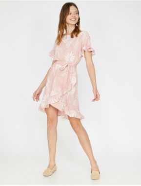 Koton Women's Pink Crew Neck Short Sleeve Tie Waist Frill Detailed Dress