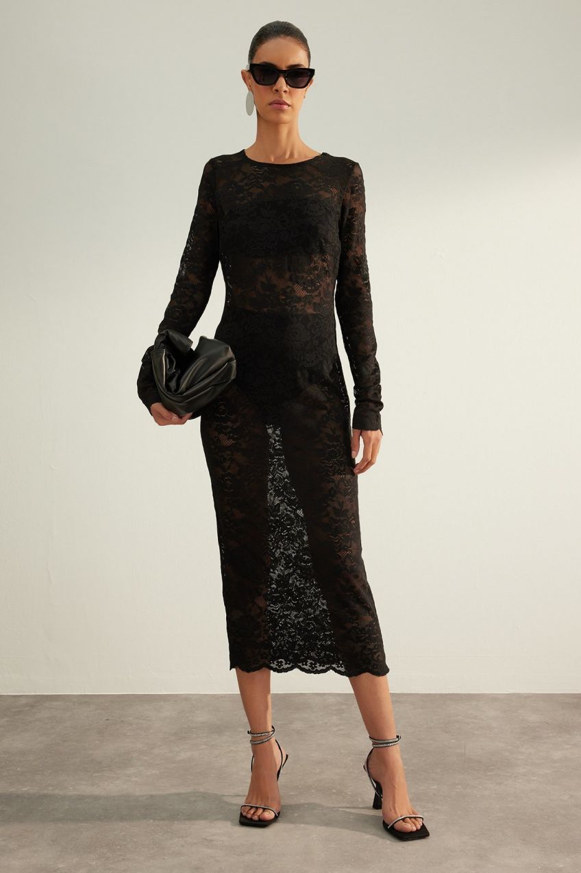 Trendyol Black Knitted Unlined Lace Elegant Evening Dress