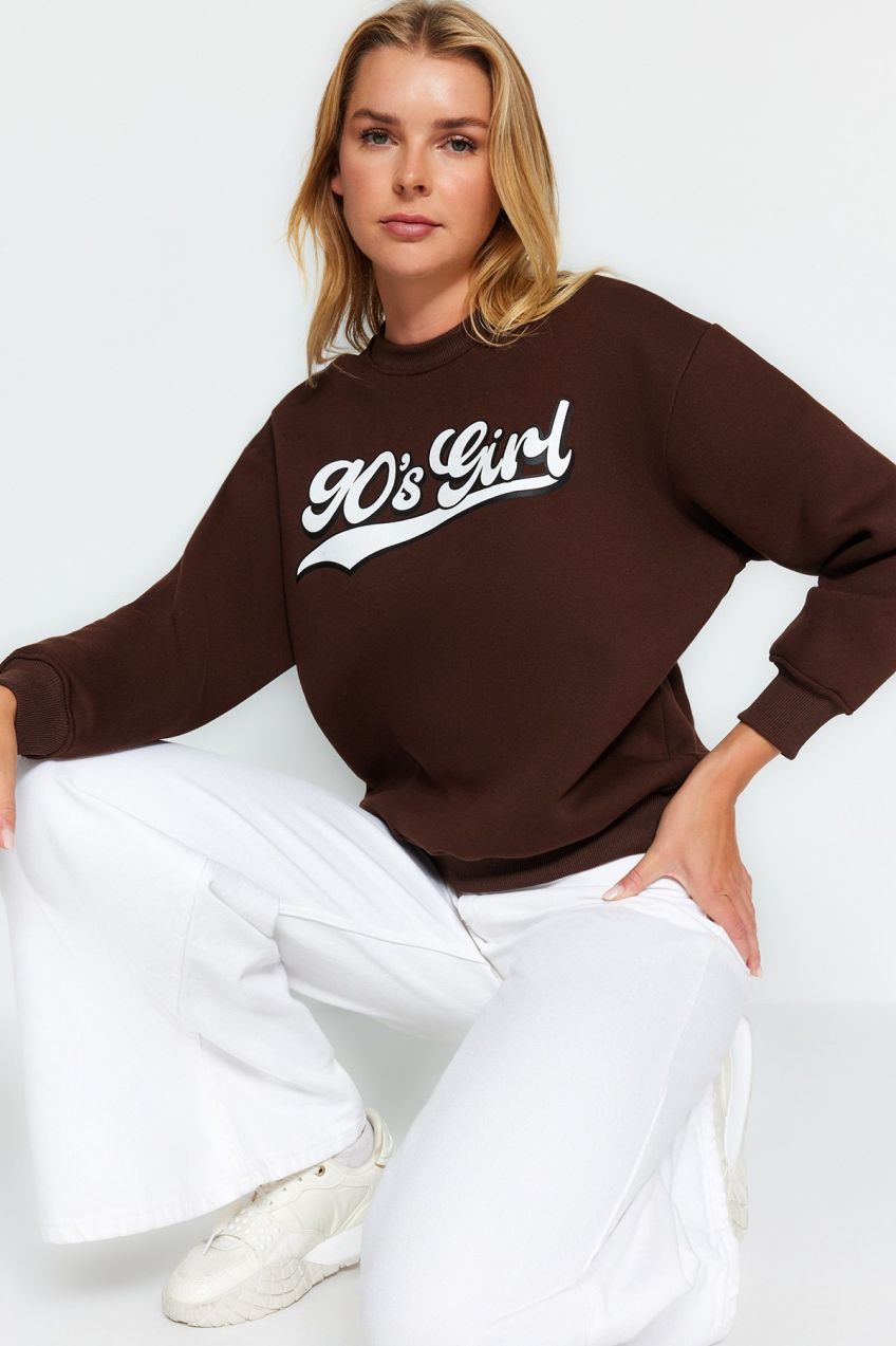 Trendyol Brown Thick Fleece Printed Regular/ Regular Knitted Sweatshirt