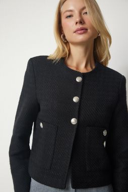 Happiness İstanbul Women's Black Buttoned Tweed Jacket