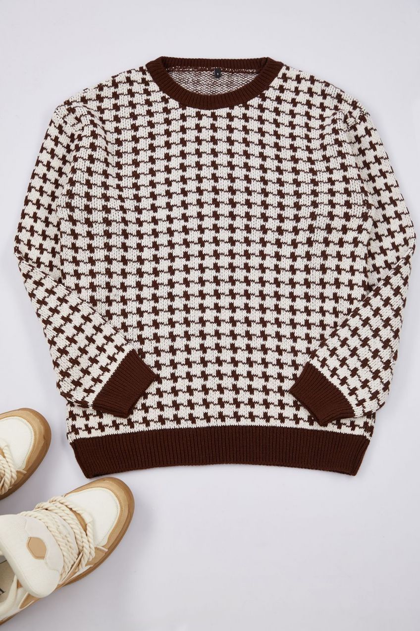 Trendyol Brown Regular Crew Neck Houndstooth Knitwear Sweater