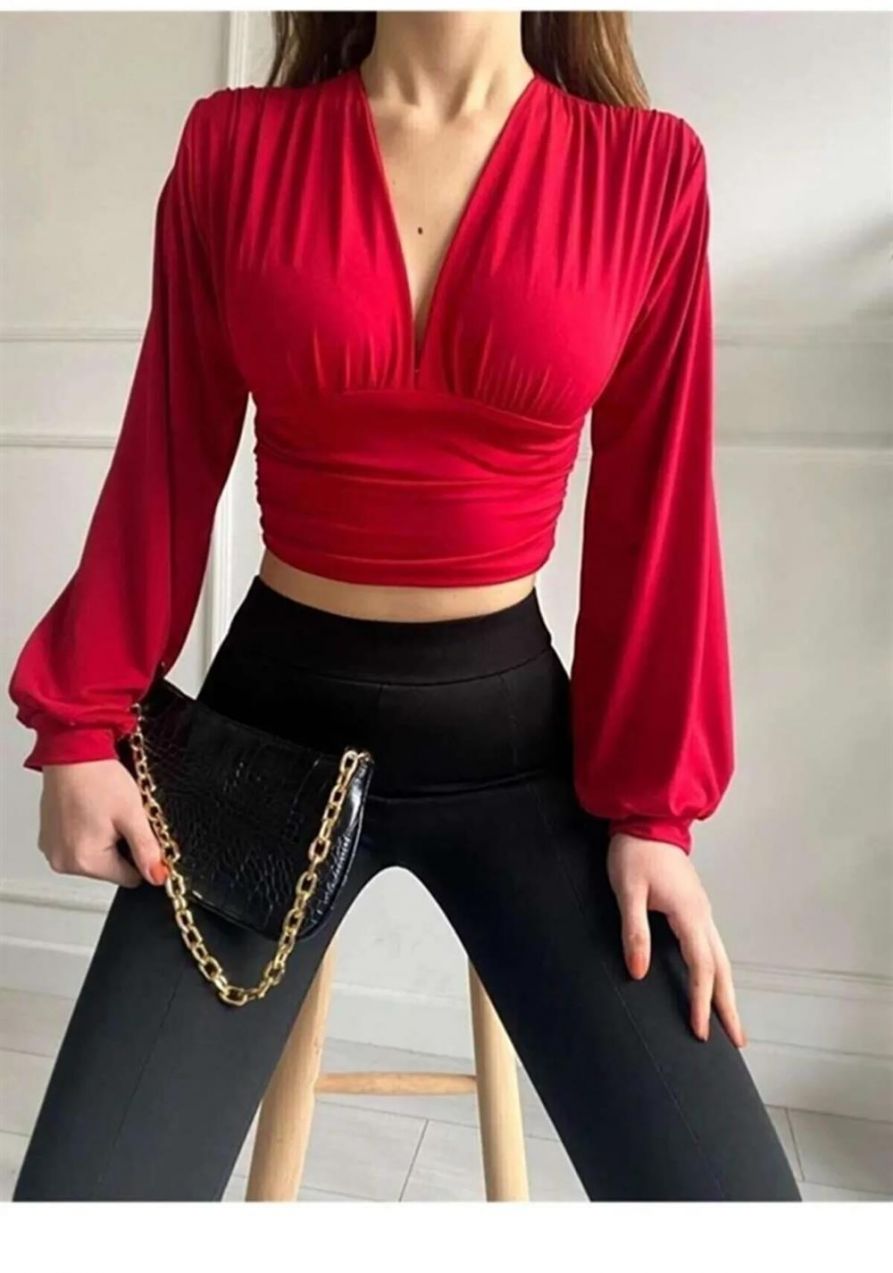 53841 Dewberry Deep Low-cut Waist Banded Crop Blouse-RED