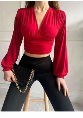 53841 Dewberry Deep Low-cut Waist Banded Crop Blouse-RED