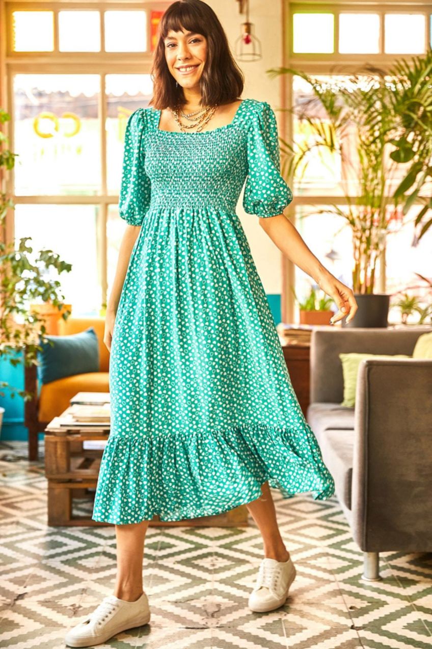 Olalook Women's Green Heart Gimped Front Back Square Woven Viscon Dress