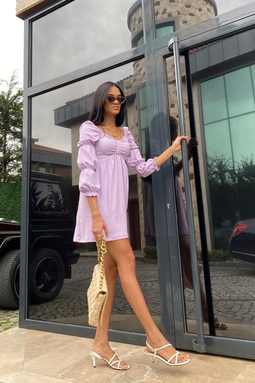 Trend Alaçatı Stili Women's Lilac Wide Collar Sleeves Elasticated Pleated Woven Dress