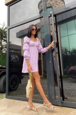 Trend Alaçatı Stili Women's Lilac Wide Collar Sleeves Elasticated Pleated Woven Dress
